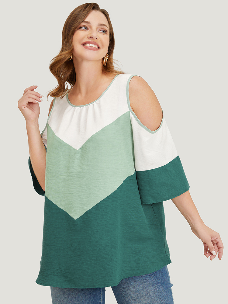 

Plus Size Mint Color Block Contrast Trim Cold Shoulder Blouse Women Vacation Elbow-length sleeve Cold Shoulder Dailywear Blouses BloomChic