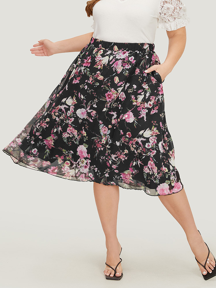 

Plus Size Floral Print Elastic Waist Pocket Skirt Women Black Elegant Gathered No stretch Pocket Dailywear Skirts BloomChic