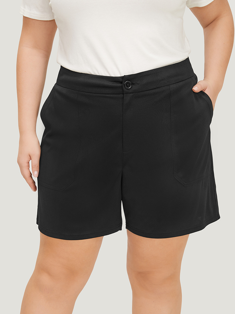 

Plus Size Plain High Waist Slant Pocket Shorts Women Black Elegant Plain Dailywear Shorts BloomChic
