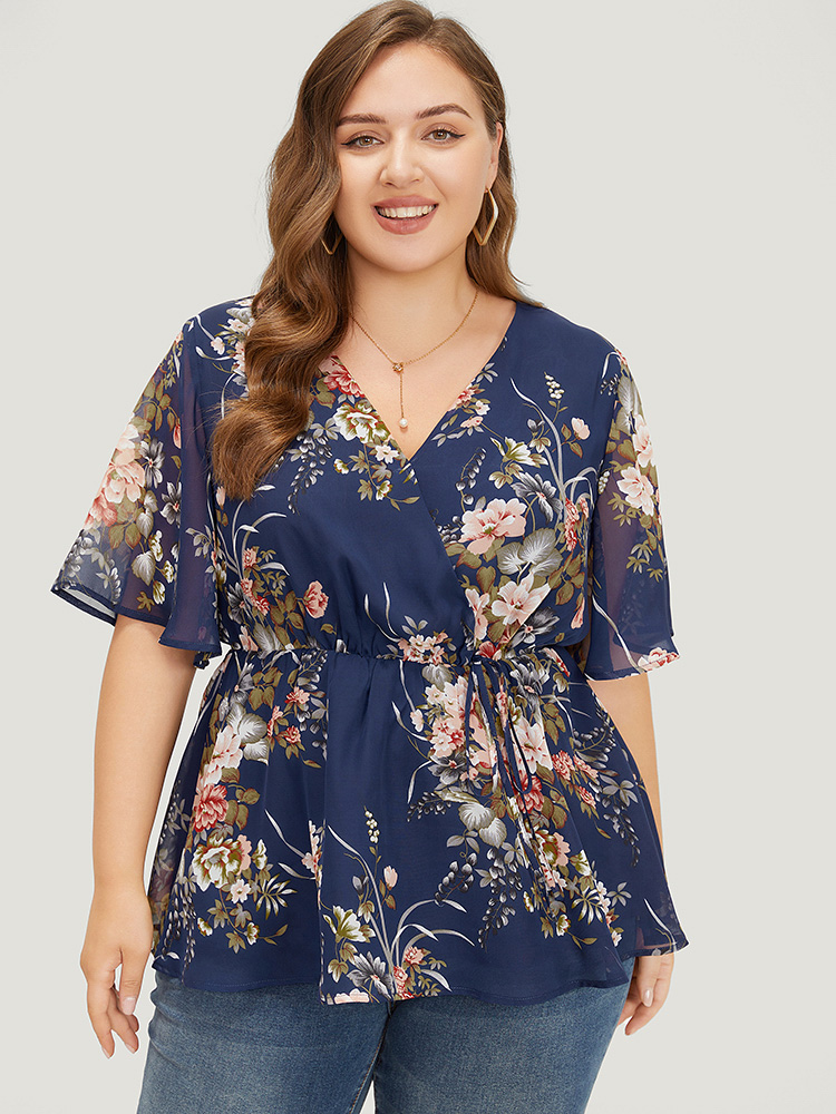 

Plus Size Indigo Floral Wrap Mesh Sleeve Blouse Women Elegant Half Sleeve V-neck Dailywear Blouses BloomChic