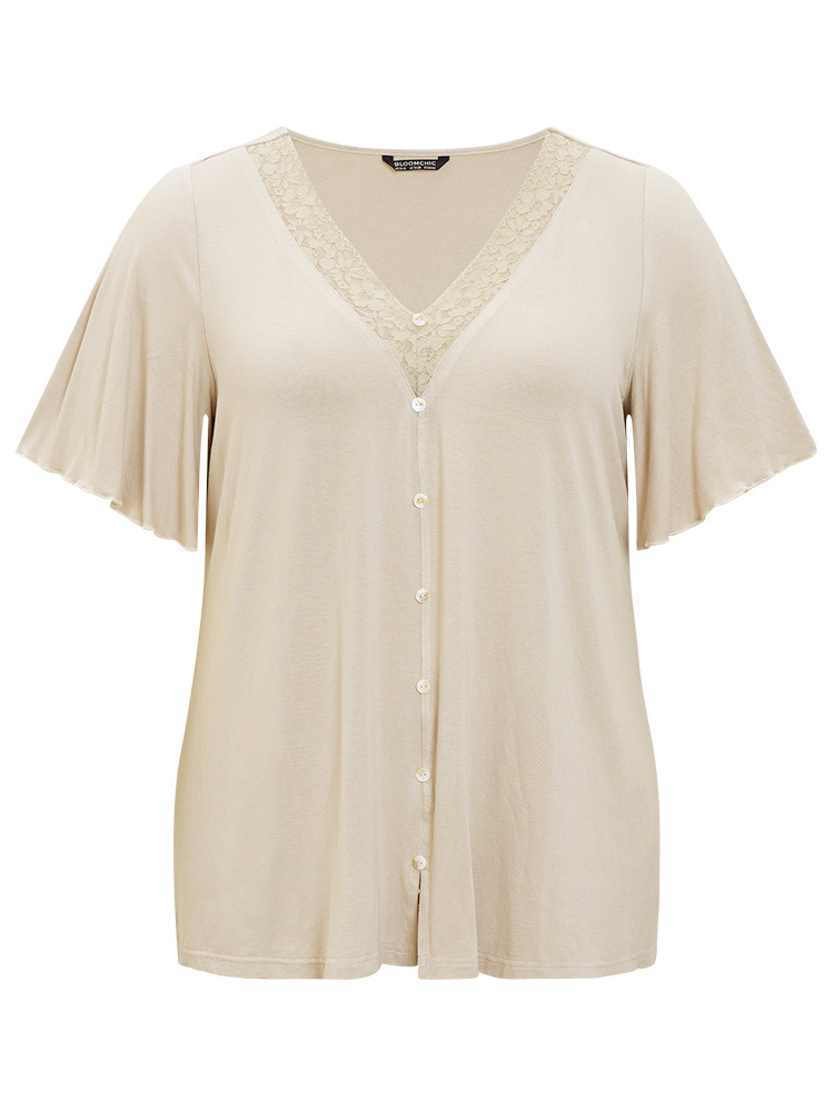 

Plus Size Plain Ruffle Sleeve Button Detail Lace Trim T-shirt Champagne V-neck Short sleeve Elegant Jersey Tops