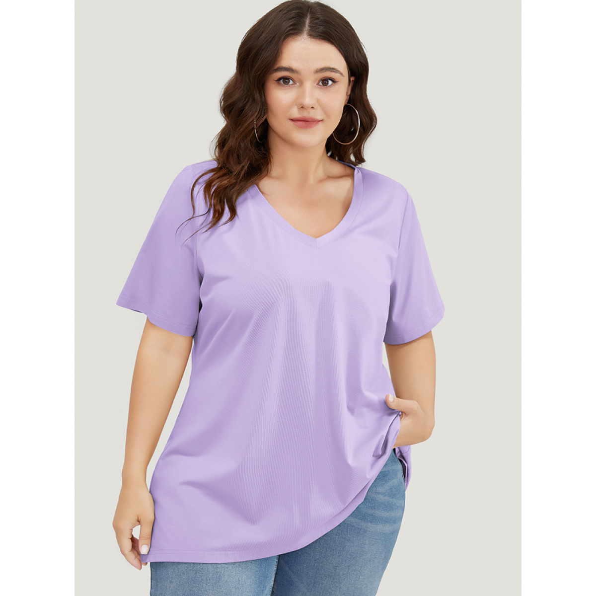 

Plus Size UltraCool Drop Shoulder Short Sleeve T-shirt Lilac Women Basics Plain V-neck Dailywear T-shirts BloomChic