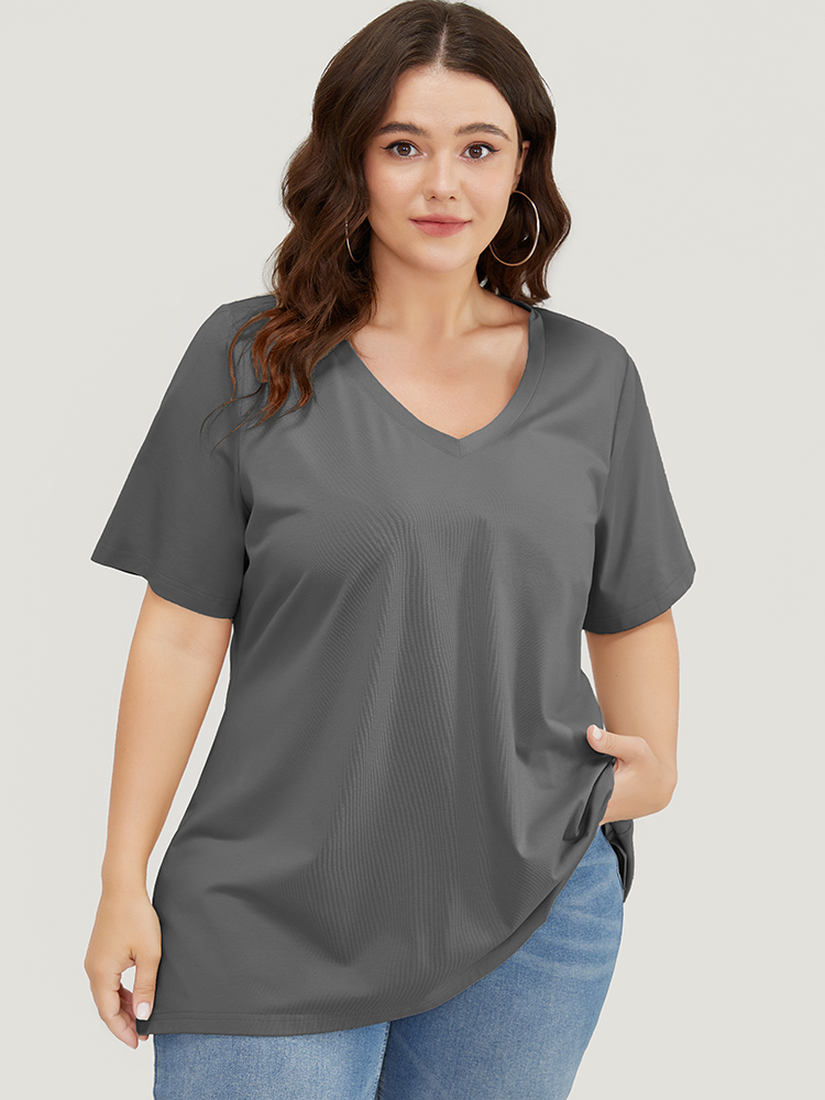 

Plus Size UltraCool V Neck Slightly Stretchy T-shirt Gray Women Basics Plain V-neck Dailywear T-shirts BloomChic