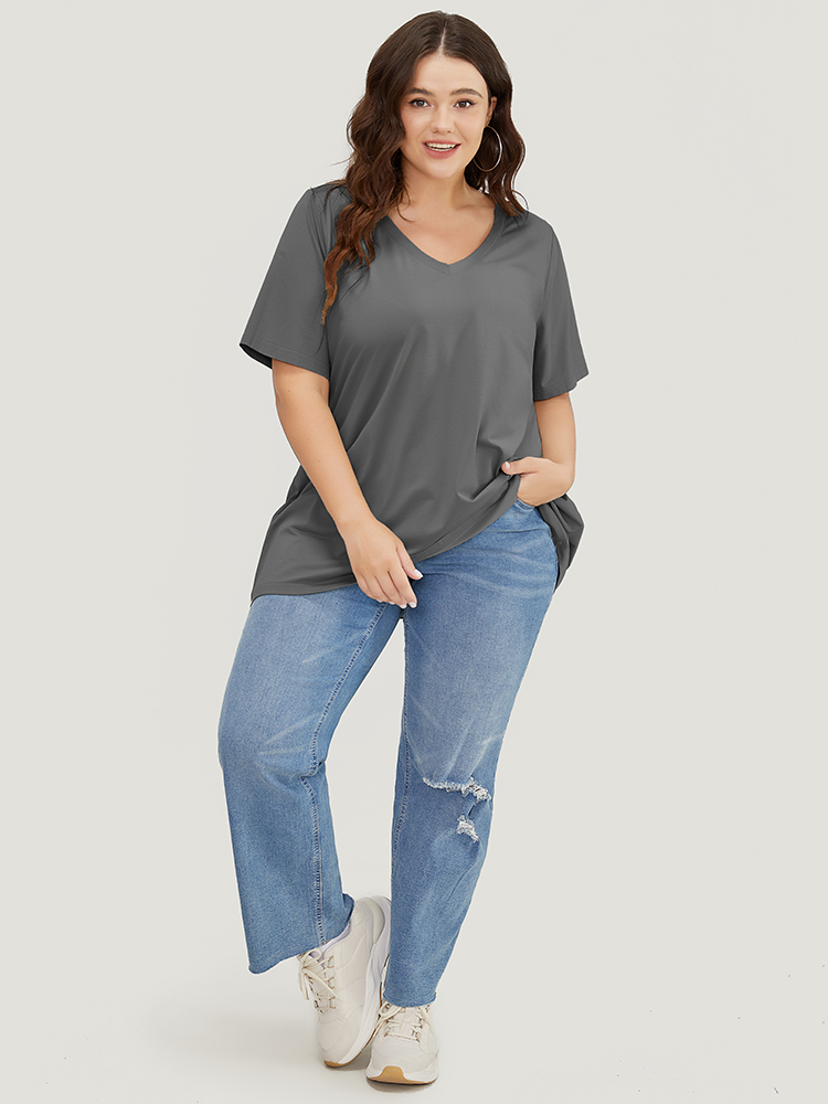 

Plus Size UltraCool V Neck Slightly Stretchy T-shirt Gray Women Basics Plain V-neck Dailywear T-shirts BloomChic