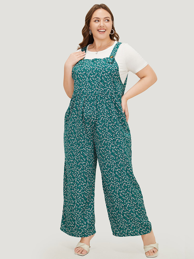 

Plus Size Emerald Ditsy Floral Plicated Detail Pocket Overall Jumpsuit Women Vacation Sleeveless Spaghetti Strap Dailywear Loose Jumpsuits BloomChic