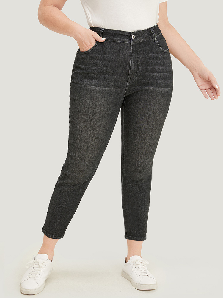 

Plus Size Very Stretchy High Rise Black Wash Vintage Jeans Women Black Casual Plain High stretch Pocket Jeans BloomChic