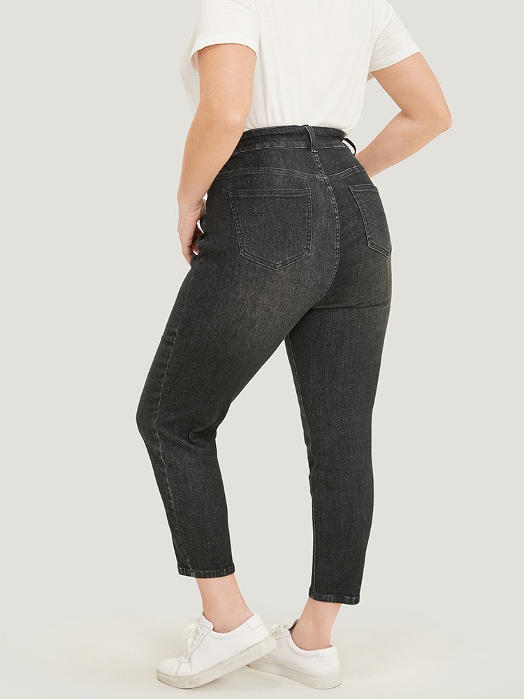 Plus Size Very Stretchy High Rise Black Wash Vintage Jeans Women Black Casual Plain High stretch Pocket Jeans BloomChic 12/L 