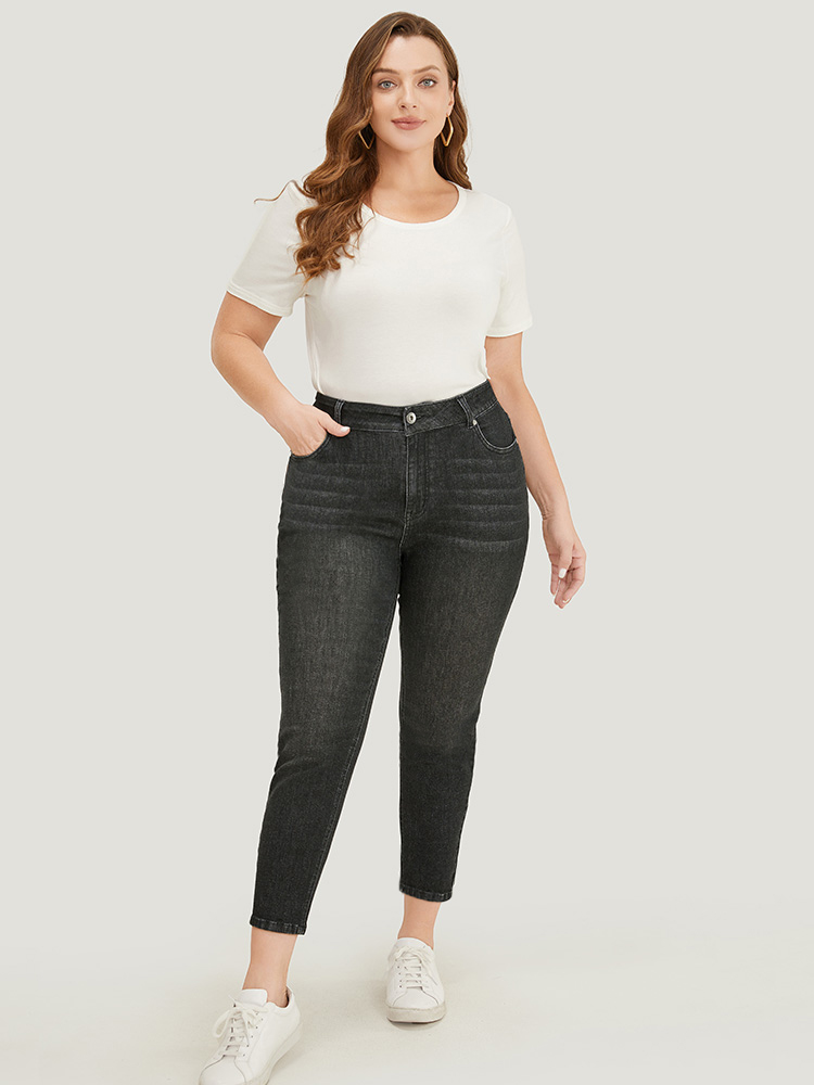 Plus Size Very Stretchy High Rise Black Wash Vintage Jeans Women Black Casual Plain High stretch Pocket Jeans BloomChic 12/L 