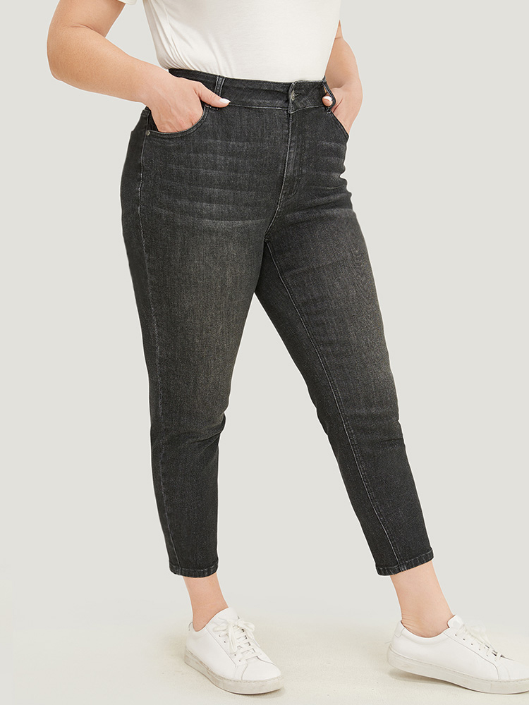 Plus Size Very Stretchy High Rise Black Wash Vintage Jeans Women Black Casual Plain High stretch Pocket Jeans BloomChic 12/L 