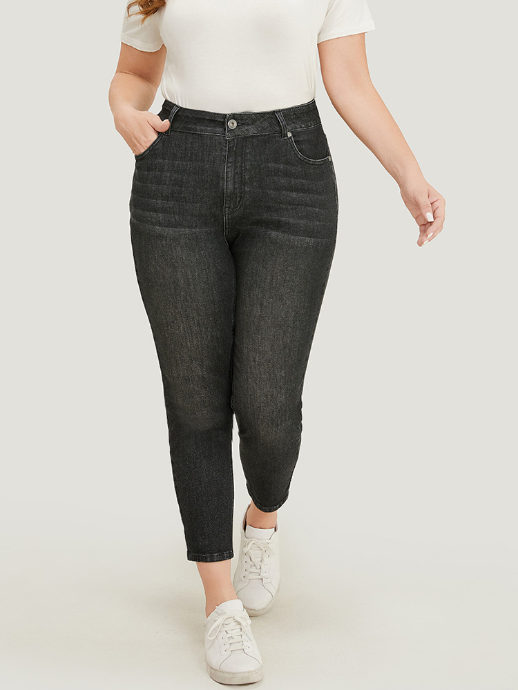 Plus Size Very Stretchy High Rise Black Wash Vintage Jeans Women Black Casual Plain High stretch Pocket Jeans BloomChic 12/L 