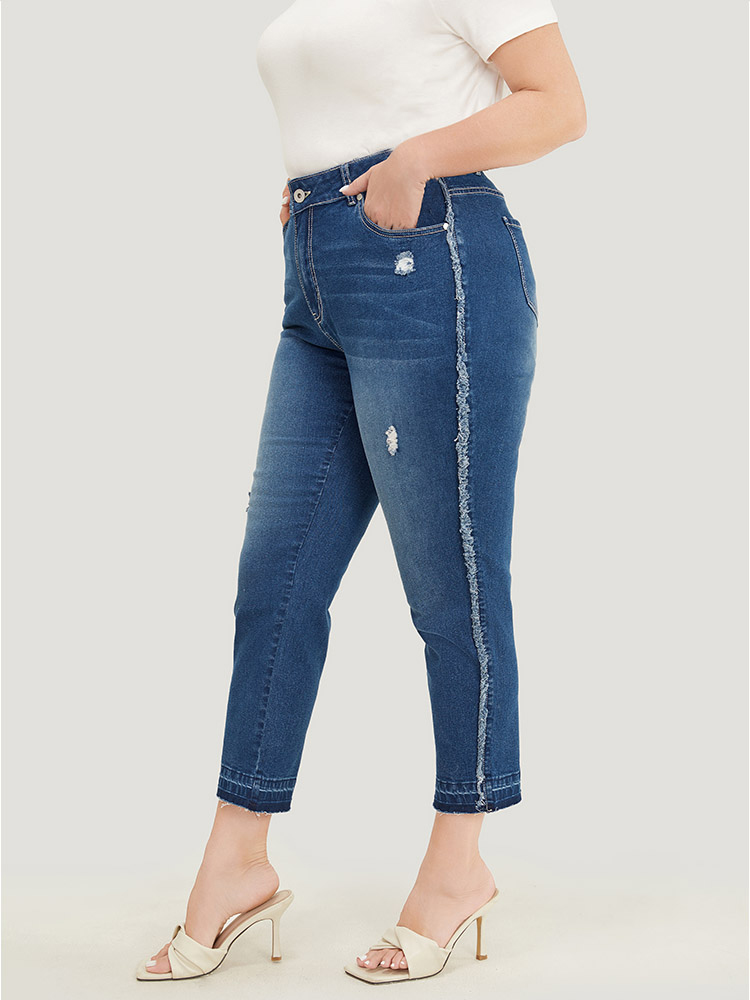 

Plus Size Very Stretchy High Rise Medium Wash Raw Trim Jeans Women Blue Casual Plain Distressed High stretch Pocket Jeans BloomChic