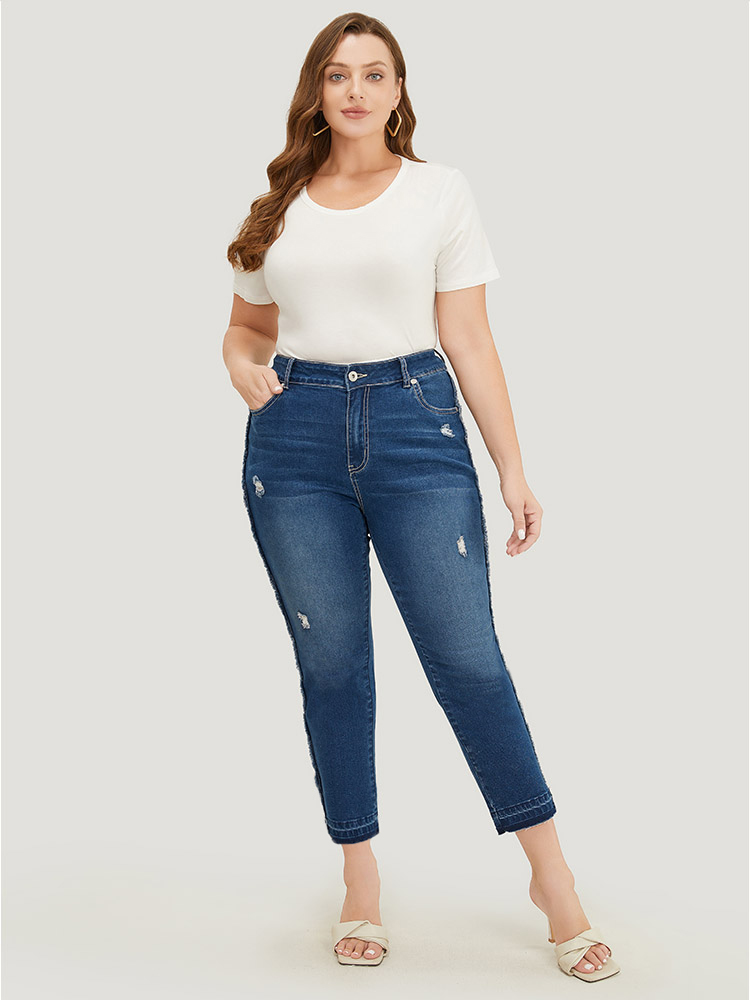 

Plus Size Very Stretchy High Rise Medium Wash Raw Trim Jeans Women Blue Casual Plain Distressed High stretch Pocket Jeans BloomChic