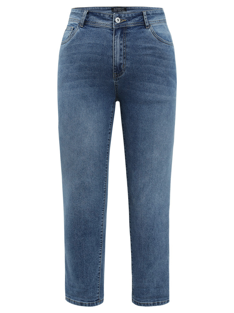 

Plus Size Very Stretchy High Rise Medium Wash Full Jeans Women Indigo Casual Plain Roll Hem High stretch Pocket Jeans BloomChic