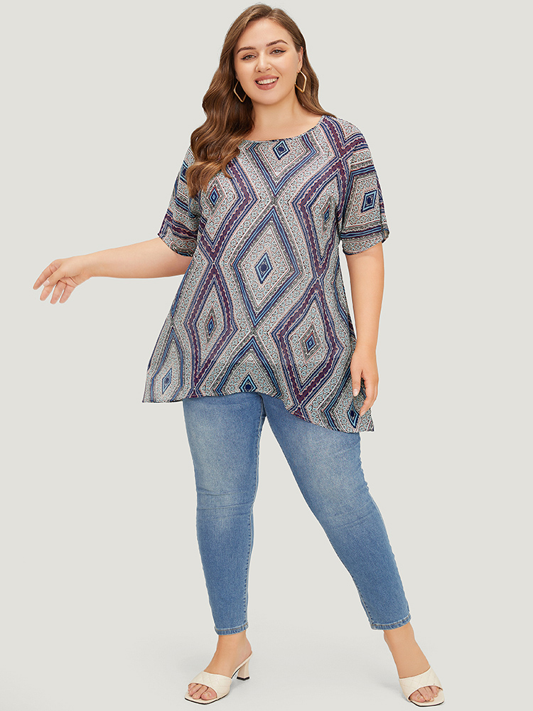 

Plus Size Blue Moroccan Print Asymmetrica Hem Batwing Sleeve Blouse Women Vacation Short sleeve Round Neck Dailywear Blouses BloomChic