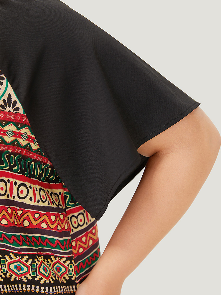 Plus Size Multicolor Moroccan Print Raglan Sleeve Tassels Tie Neck Blouse Women Vacation Short sleeve Tie Neck Dailywear Blouses BloomChic 12/L 