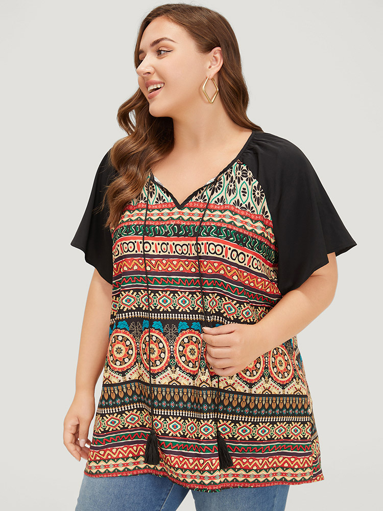 Plus Size Multicolor Moroccan Print Raglan Sleeve Tassels Tie Neck Blouse Women Vacation Short sleeve Tie Neck Dailywear Blouses BloomChic 12/L 