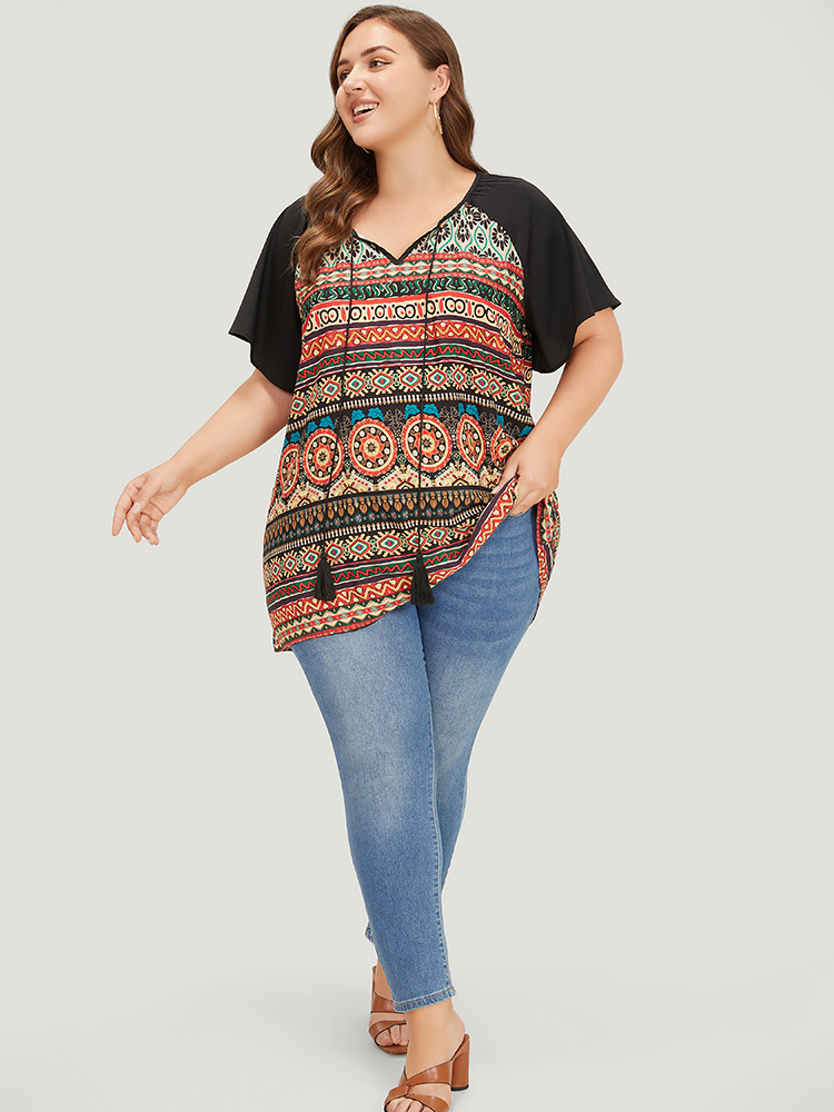 Plus Size Multicolor Moroccan Print Raglan Sleeve Tassels Tie Neck Blouse Women Vacation Short sleeve Tie Neck Dailywear Blouses BloomChic 12/L 