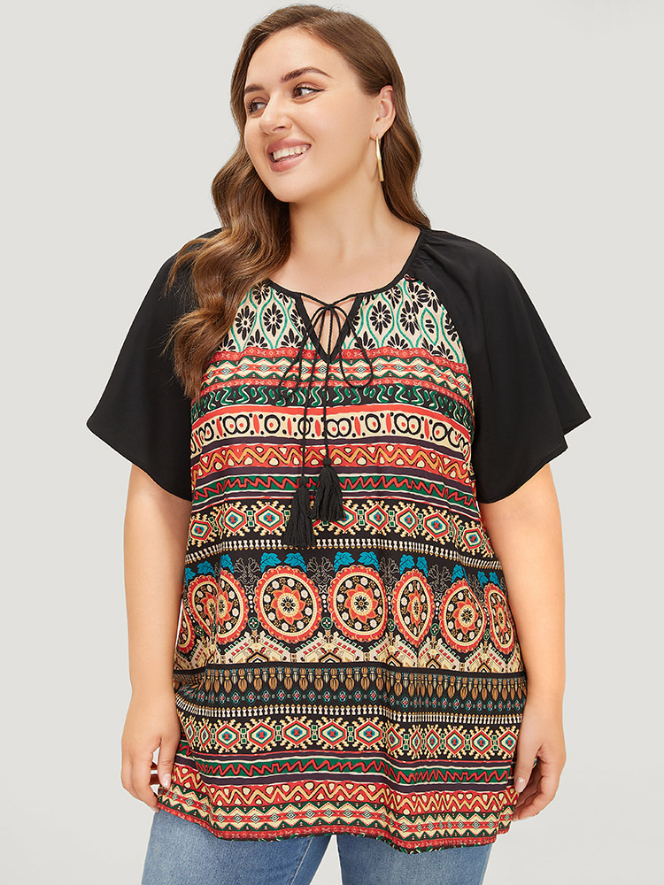 Plus Size Multicolor Moroccan Print Raglan Sleeve Tassels Tie Neck Blouse Women Vacation Short sleeve Tie Neck Dailywear Blouses BloomChic 12/L 