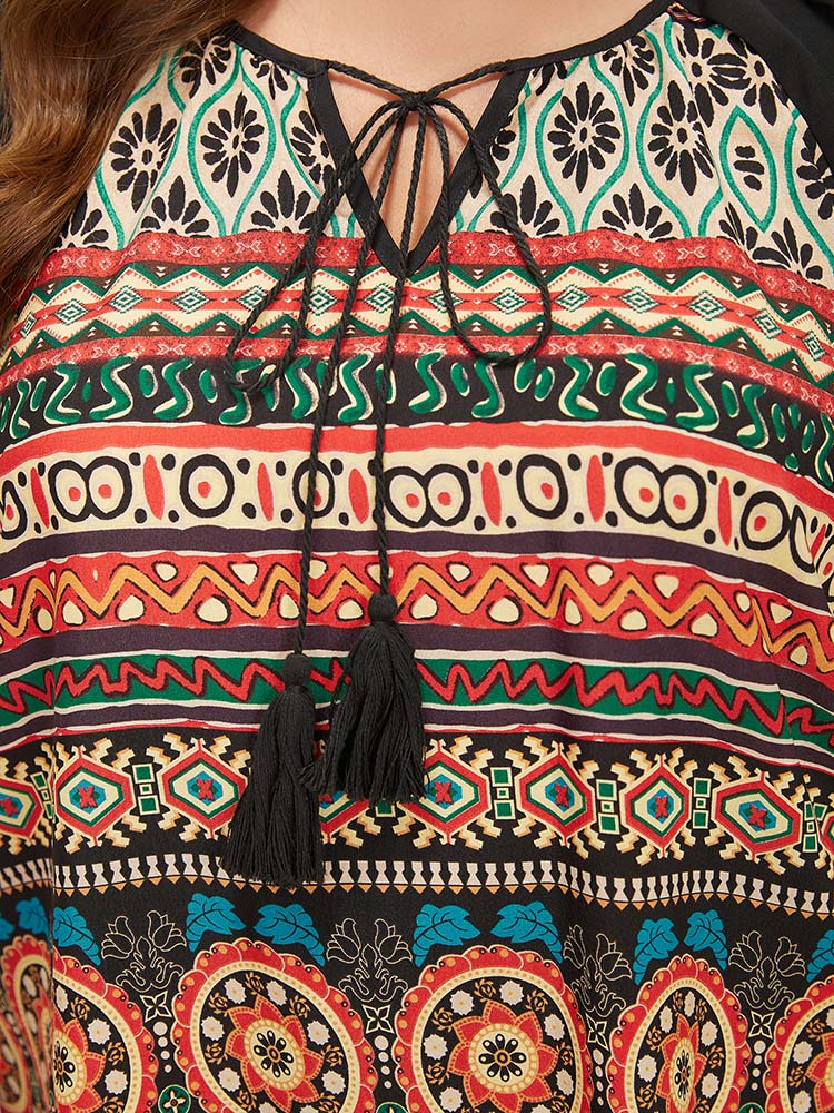 

Plus Size Multicolor Moroccan Print Raglan Sleeve Tassels Tie Neck Blouse Women Vacation Short sleeve Tie Neck Dailywear Blouses BloomChic