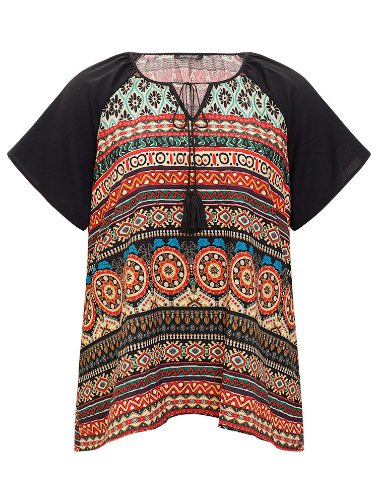 Plus Size Multicolor Moroccan Print Raglan Sleeve Tassels Tie Neck Blouse Women Vacation Short sleeve Tie Neck Dailywear Blouses BloomChic 12/L 