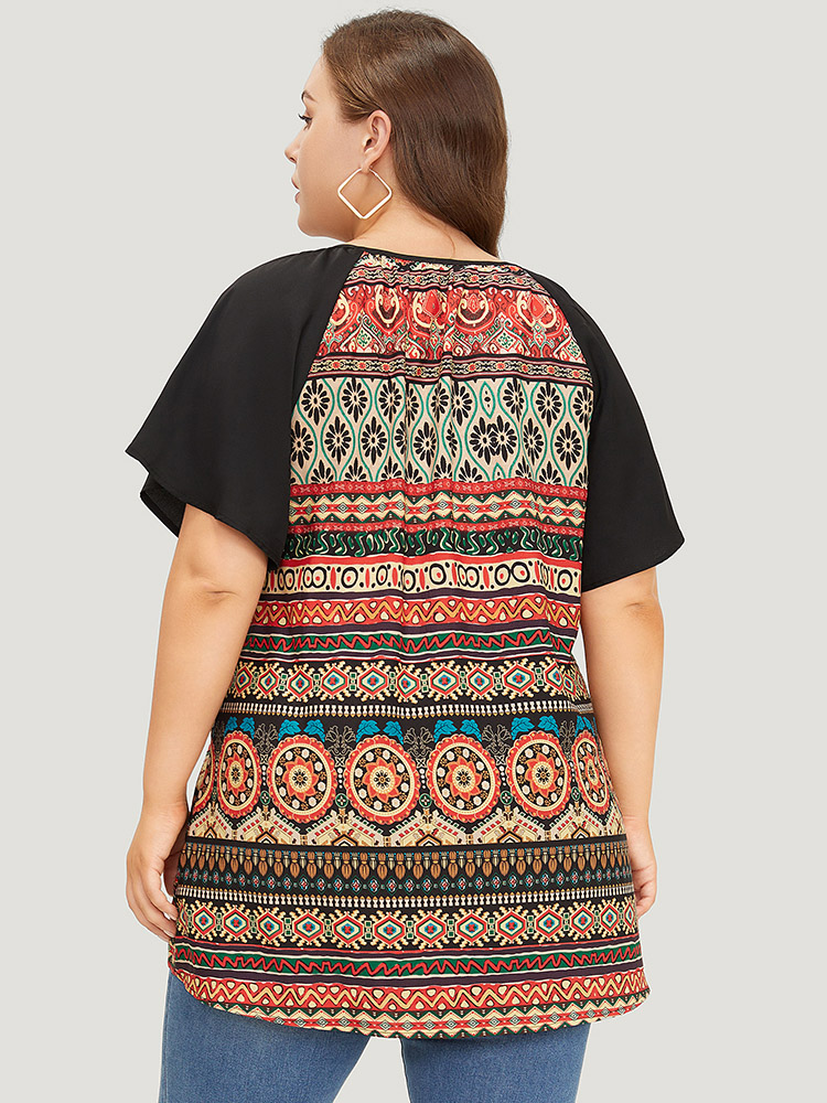 Plus Size Multicolor Moroccan Print Raglan Sleeve Tassels Tie Neck Blouse Women Vacation Short sleeve Tie Neck Dailywear Blouses BloomChic 12/L 