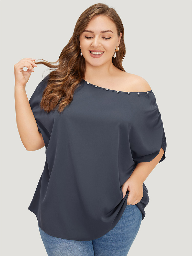 

Plus Size Indigo Solid Pearl Beaded Ruched Sleeve Blouse Women Glamour Sleeveless One Shoulder Going out Blouses BloomChic