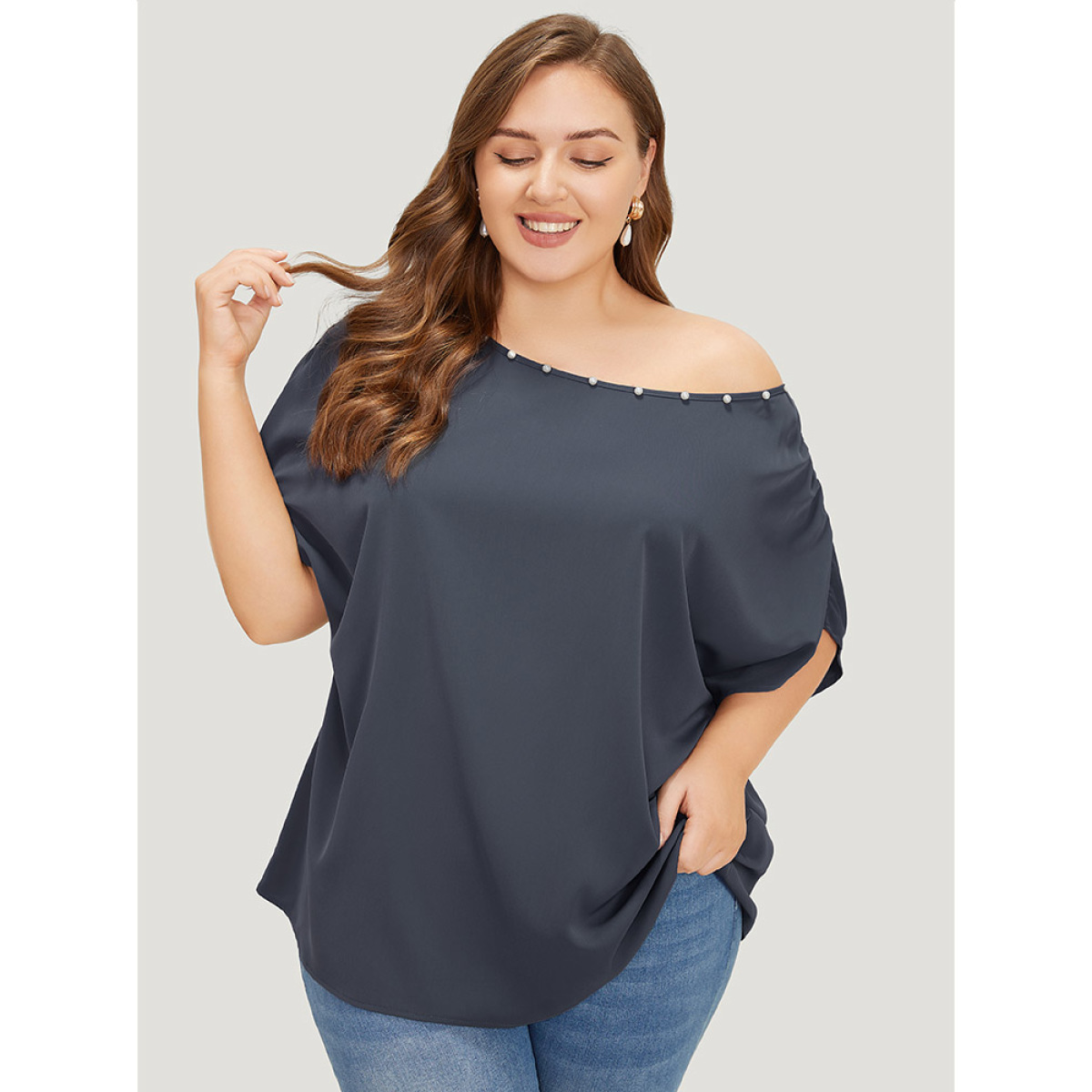 

Plus Size Indigo Solid Pearl Beaded Ruched Sleeve Blouse Women Glamour Sleeveless One Shoulder Going out Blouses BloomChic