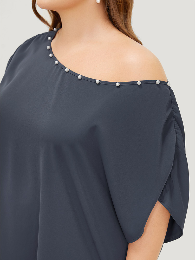 

Plus Size Indigo Solid Pearl Beaded Ruched Sleeve Blouse Women Glamour Sleeveless One Shoulder Going out Blouses BloomChic