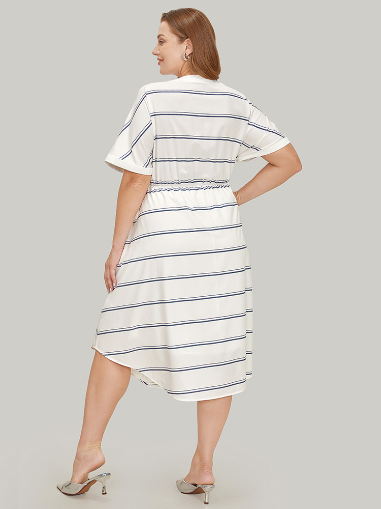 

Plus Size Striped Notched Neck Pocket Roll Batwing Sleeve Dress White Women Office Lined Notched collar Short sleeve Curvy Midi Dress BloomChic