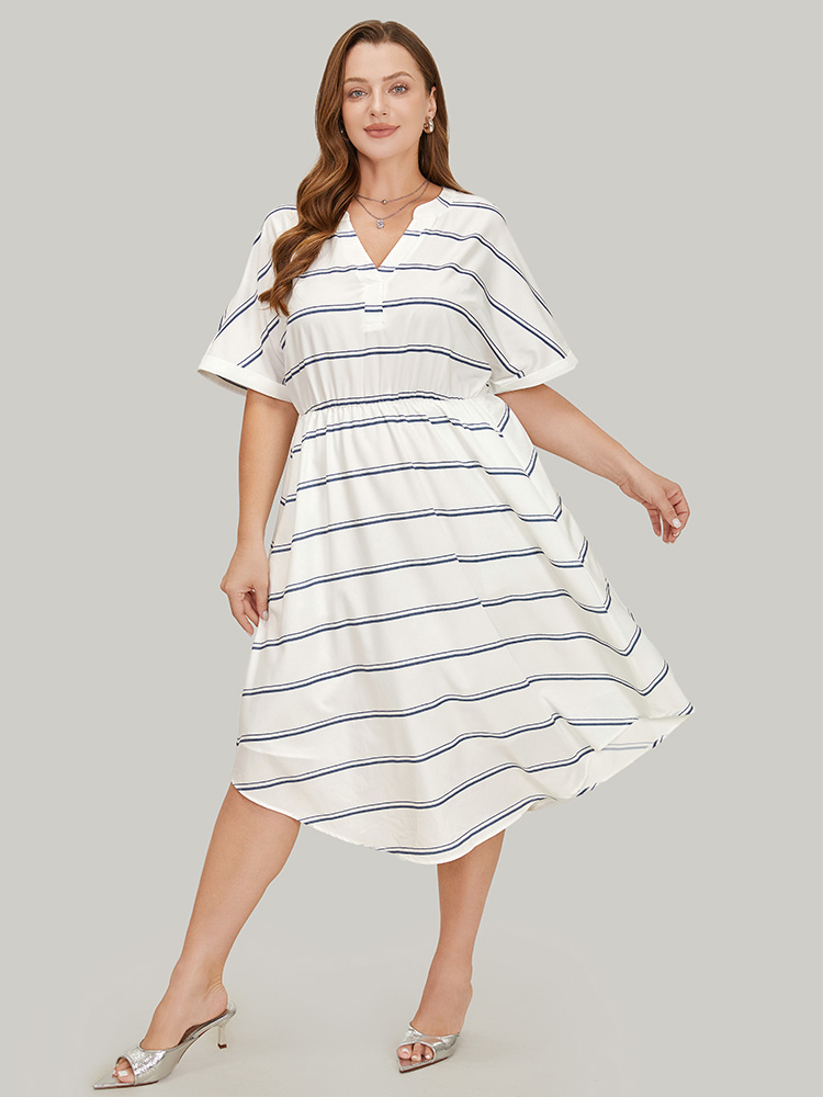 

Plus Size Striped Notched Neck Pocket Roll Batwing Sleeve Dress White Women Office Lined Notched collar Short sleeve Curvy Midi Dress BloomChic