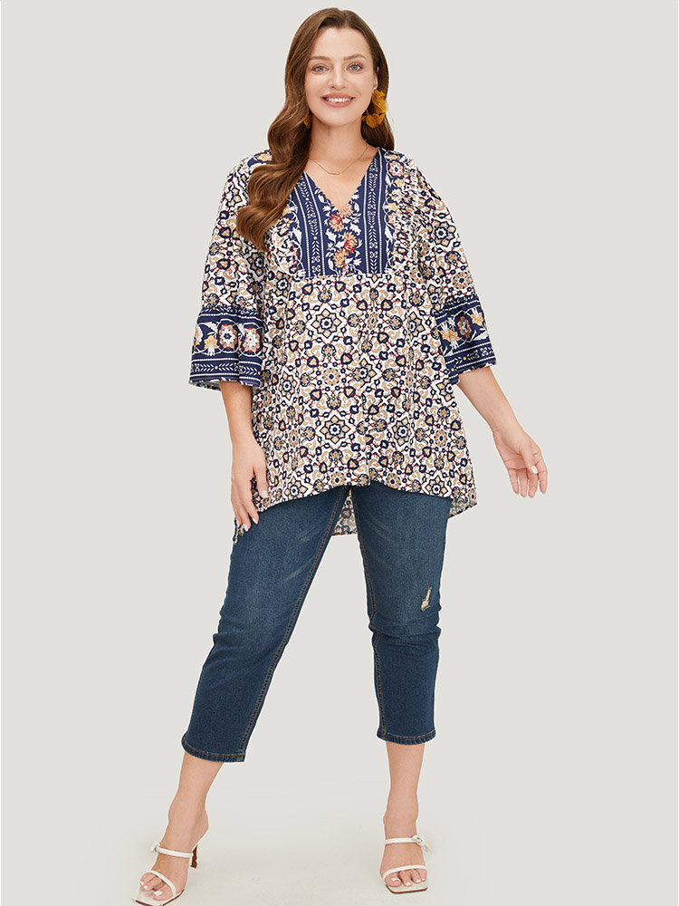 

Plus Size Indigo Bandana High Low Hem Bell Sleeve Blouse Women Vacation Elbow-length sleeve V-neck Dailywear Blouses BloomChic