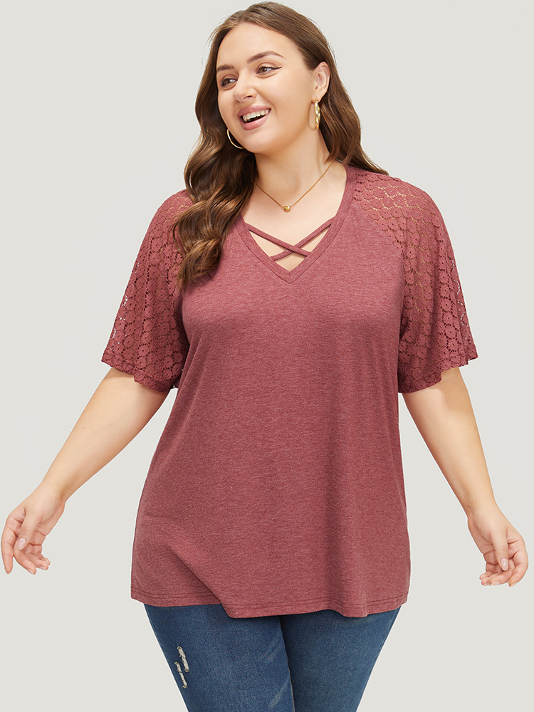 

Plus Size Plain Lace Raglan Sleeve Heather Crisscross Neck T-shirt Russet Women Elegant Patchwork Plain V-neck Dailywear T-shirts BloomChic