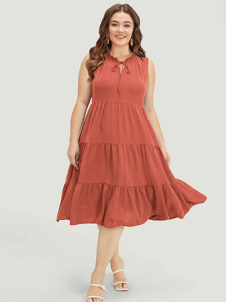 

Plus Size Plain Tie Neck Frill Trim Pocket Ruffle Tiered Dress Rust Women Vacation Frill Trim Tie Neck Sleeveless Curvy Midi Dress BloomChic