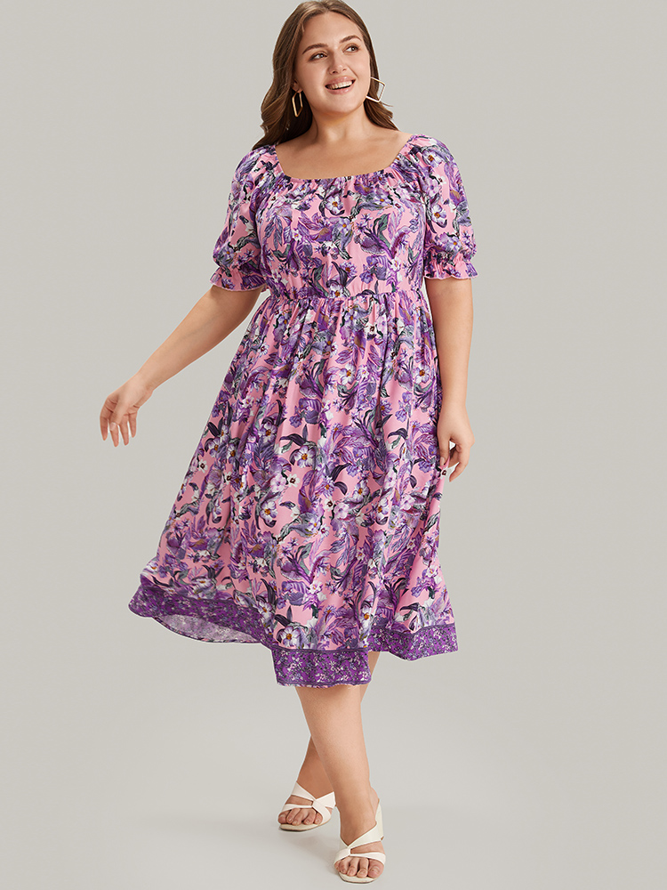 

Plus Size Floral Square Neck Ruffles Pocket Puff Sleeve Midi Dress Pink Women Elegant Pocket Square Neck Short sleeve Curvy Midi Dress BloomChic