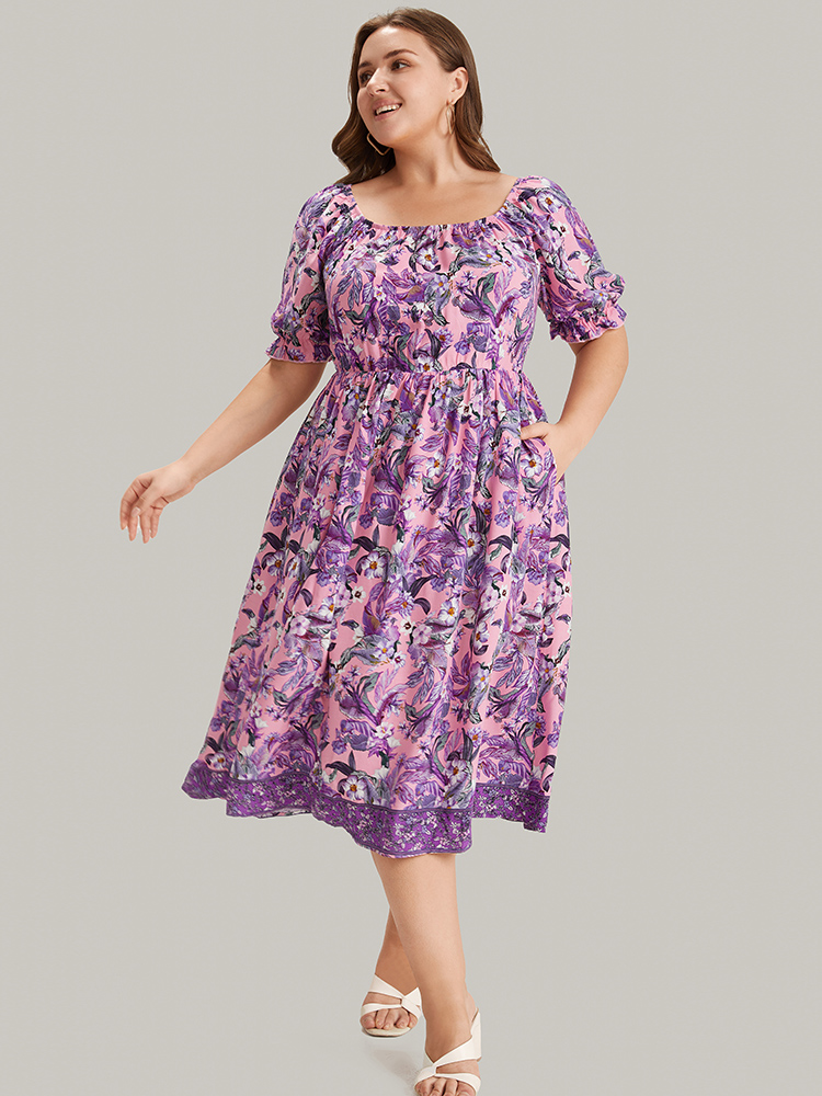Plus Size Floral Square Neck Ruffles Pocket Puff Sleeve Midi Dress Pink Women Elegant Pocket Square Neck Short sleeve Curvy Midi Dress BloomChic 14-16/1X 