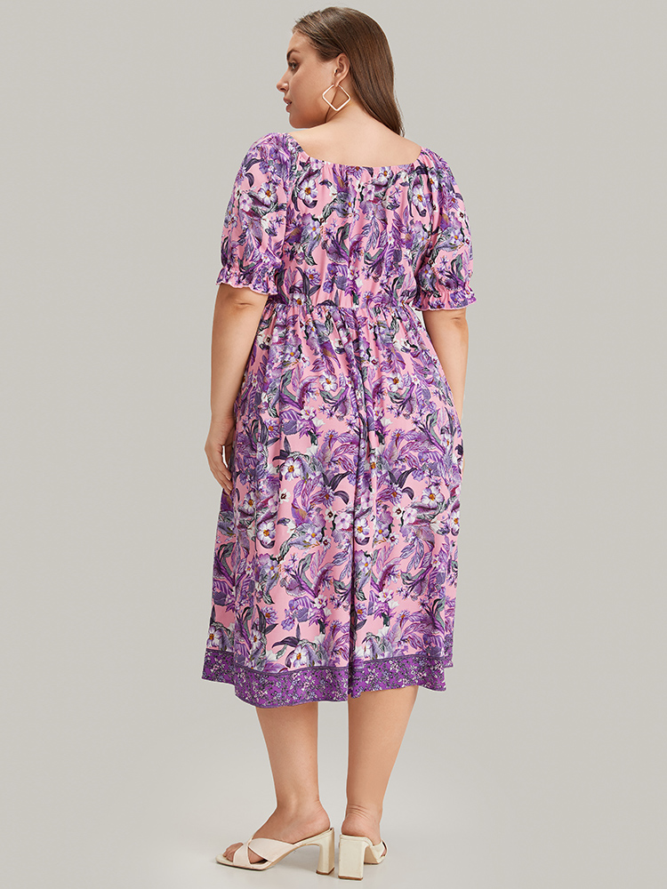 Plus Size Floral Square Neck Ruffles Pocket Puff Sleeve Midi Dress Pink Women Elegant Pocket Square Neck Short sleeve Curvy Midi Dress BloomChic 14-16/1X 