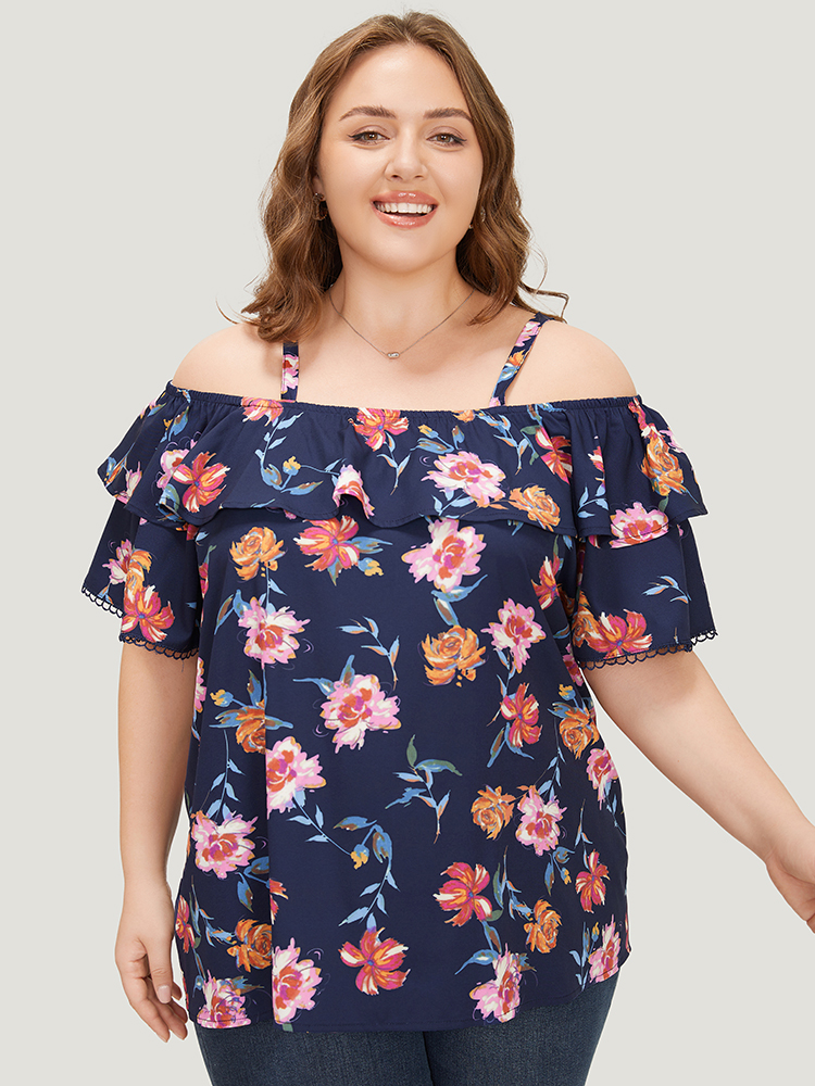 

Plus Size Indigo Floral Printed Ruffle Tiered Cold Shoulder Blouse Women Party Short sleeve One-shoulder neck Going out Blouses BloomChic