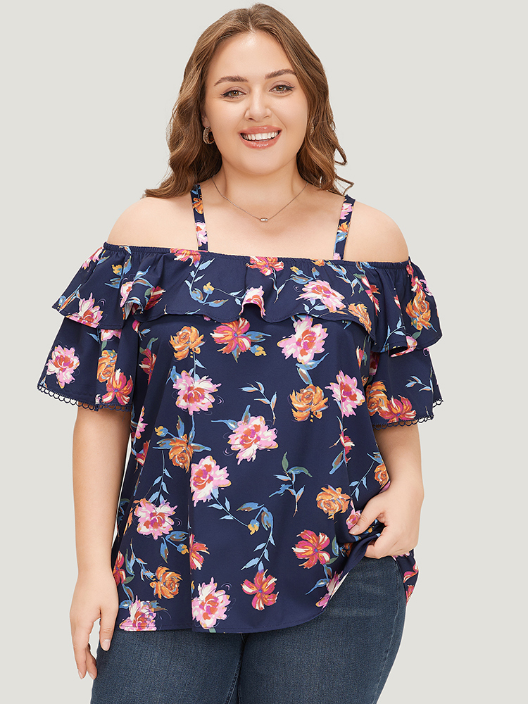 

Plus Size Indigo Floral Printed Ruffle Tiered Cold Shoulder Blouse Women Party Short sleeve One-shoulder neck Going out Blouses BloomChic