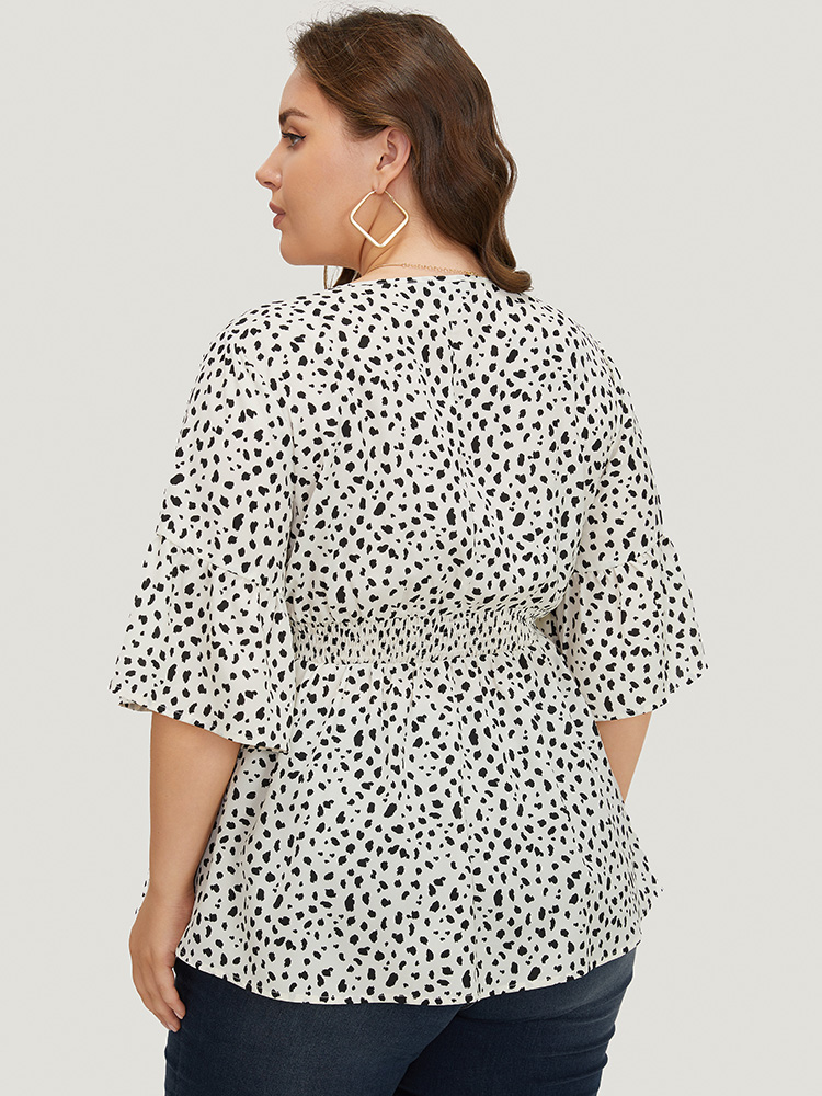 

Plus Size Ivory Leopard Print Bell Sleeve Shirred Blouse Women Elegant Elbow-length sleeve V-neck Everyday Blouses BloomChic