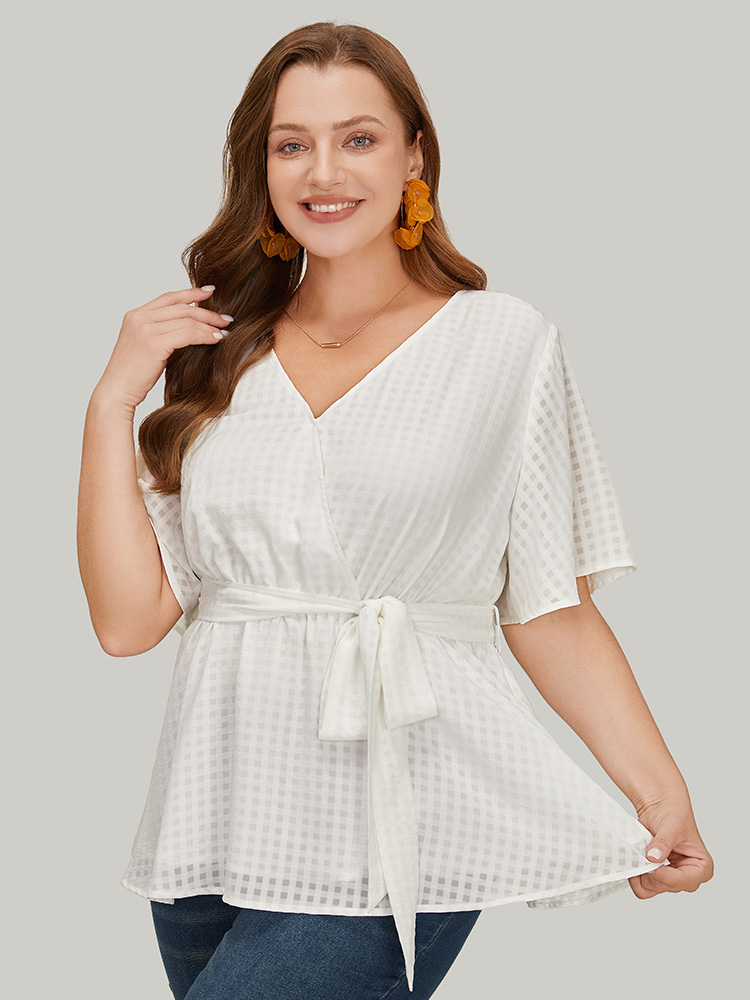 

Plus Size White Plain Gingham Mesh Ruffle Sleeve Belt Wrap Blouse Women Elegant Half Sleeve V-neck Dailywear Blouses BloomChic