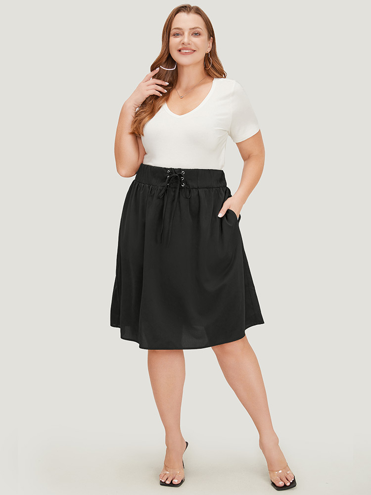 

Plus Size Plain Pocket Lace Up Skirt Women Black Casual Plain No stretch Dailywear Skirts BloomChic