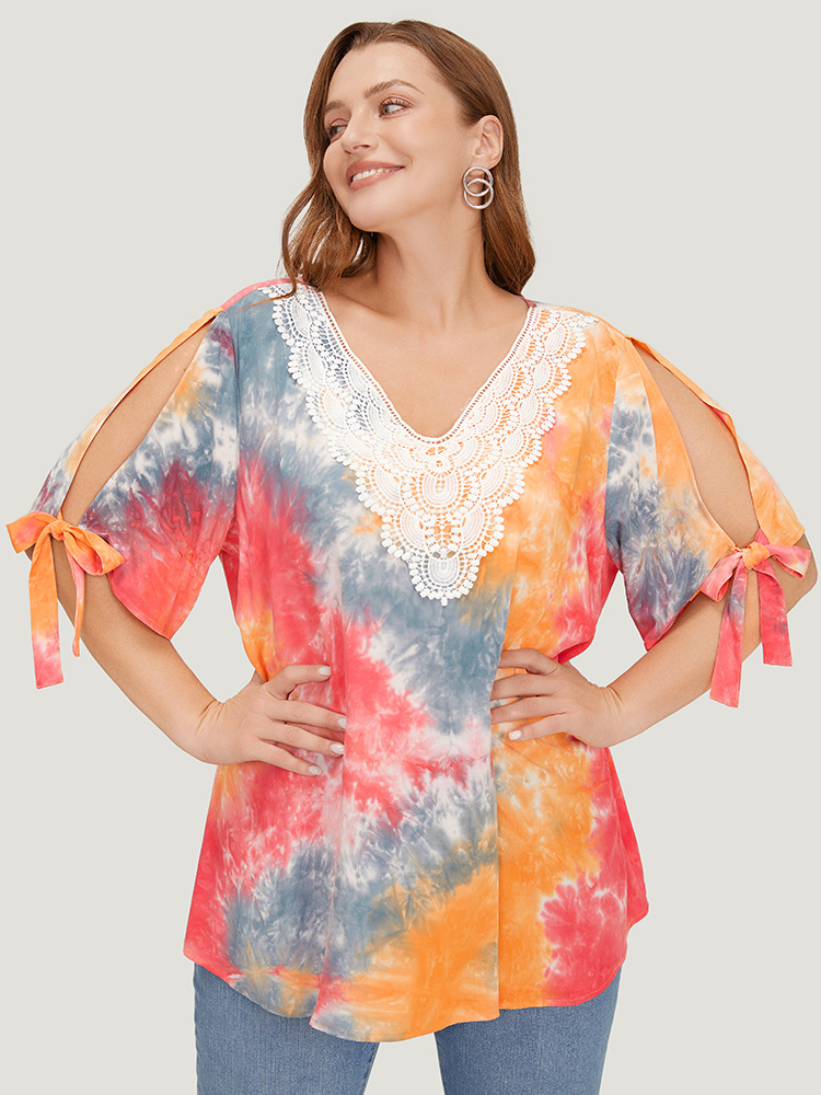 

Plus Size Multicolor Tie Dye Lace Cut Out Knot Sleeve Blouse Women Elegant Half Sleeve V-neck Dailywear Blouses BloomChic