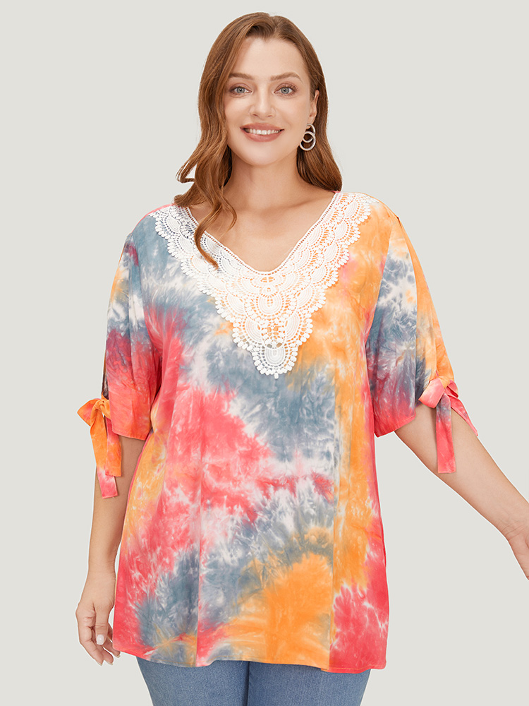 Plus Size Women Dailywear Tie Dye Cut-Out Regular Sleeve Half Sleeve V-neck Elegant Blouses BloomChic 