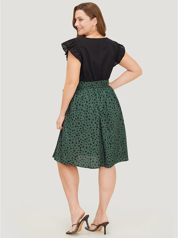 

Plus Size Leopard Patchwork Pocket Belt Ruffle Dress DarkGreen Women Elegant Belted V-neck Cap Sleeve Curvy Knee Dress BloomChic