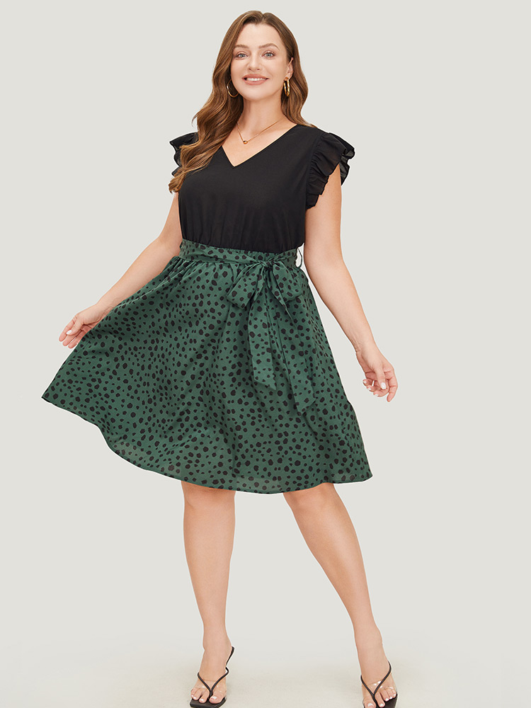 Plus Size Leopard Patchwork Pocket Belt Ruffle Dress DarkGreen Women Elegant Belted V-neck Cap Sleeve Curvy Knee Dress BloomChic 14-16/1X 