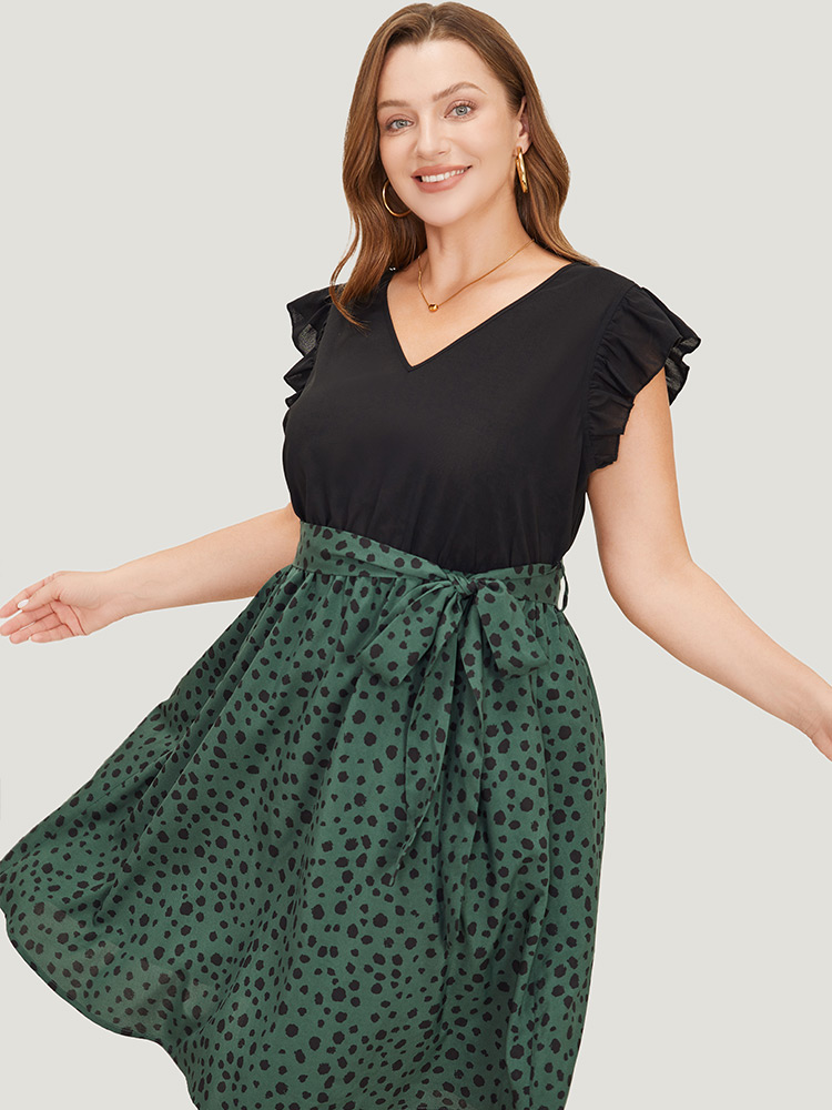 Plus Size Leopard Patchwork Pocket Belt Ruffle Dress DarkGreen Women Elegant Belted V-neck Cap Sleeve Curvy Knee Dress BloomChic 14-16/1X 