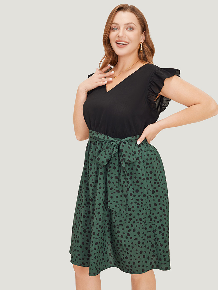 Plus Size Leopard Patchwork Pocket Belt Ruffle Dress DarkGreen Women Elegant Belted V-neck Cap Sleeve Curvy Knee Dress BloomChic 14-16/1X 
