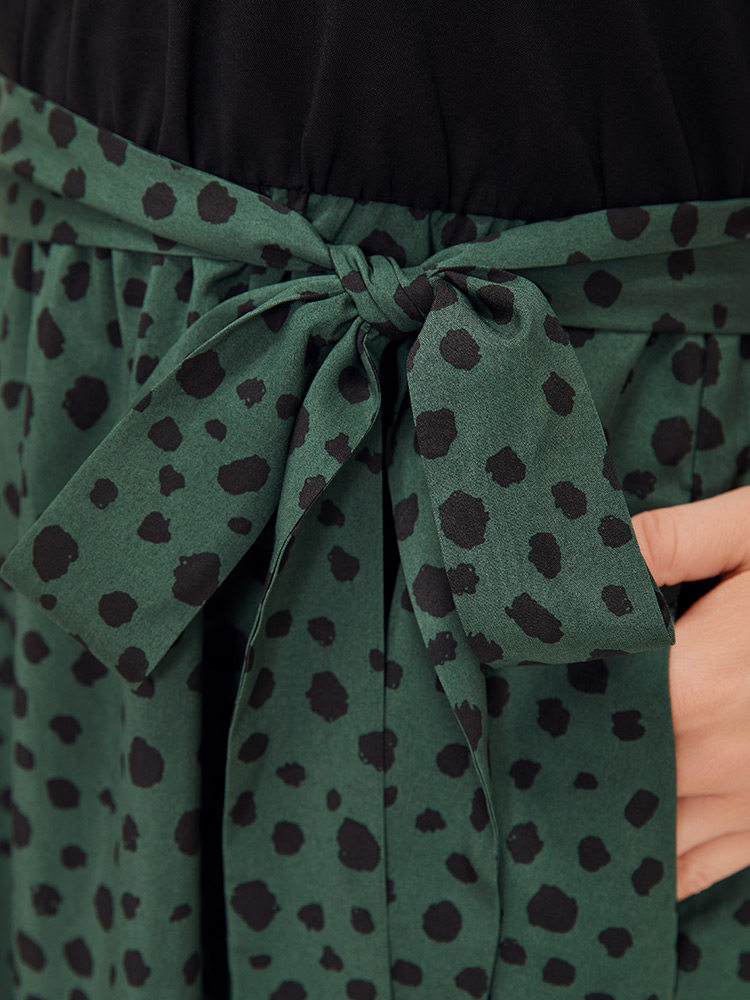Plus Size Leopard Patchwork Pocket Belt Ruffle Dress DarkGreen Women Elegant Belted V-neck Cap Sleeve Curvy Knee Dress BloomChic 14-16/1X 