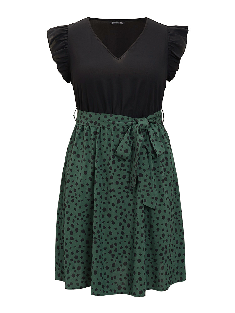 Plus Size Leopard Patchwork Pocket Belt Ruffle Dress DarkGreen Women Elegant Belted V-neck Cap Sleeve Curvy Knee Dress BloomChic 14-16/1X 