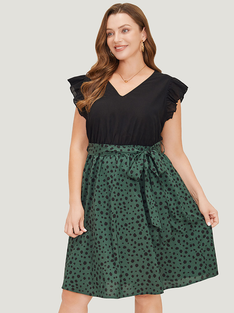 

Plus Size Leopard Patchwork Pocket Belt Ruffle Dress DarkGreen Women Elegant Belted V-neck Cap Sleeve Curvy Knee Dress BloomChic